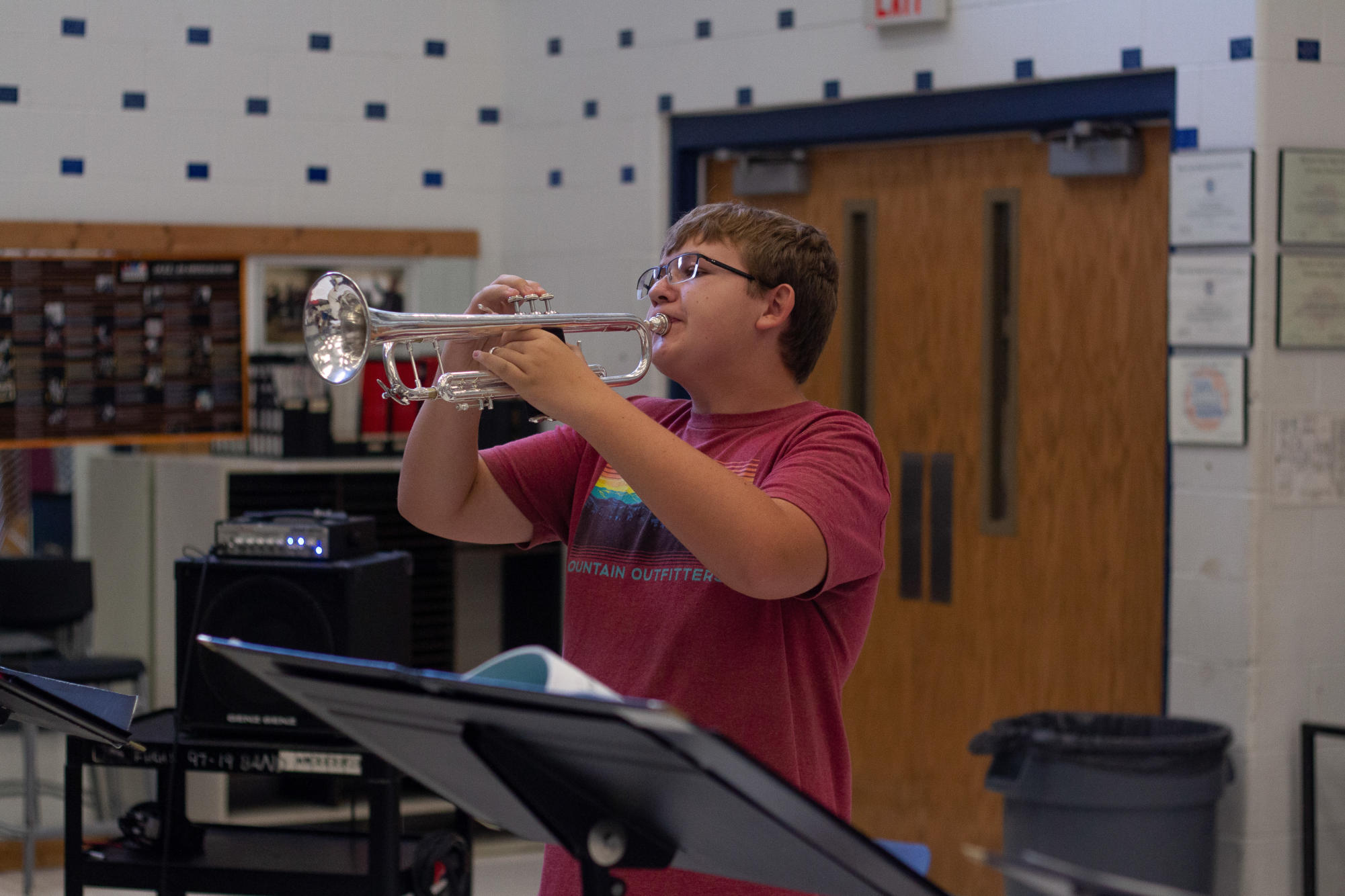 Sophomore Alex Tarleton taking his turn playing his solo, after the rest of the class got the opportunity to try out their ideas. Alex has a feature in one of the pieces for the band, so every bit of playing time helps. 