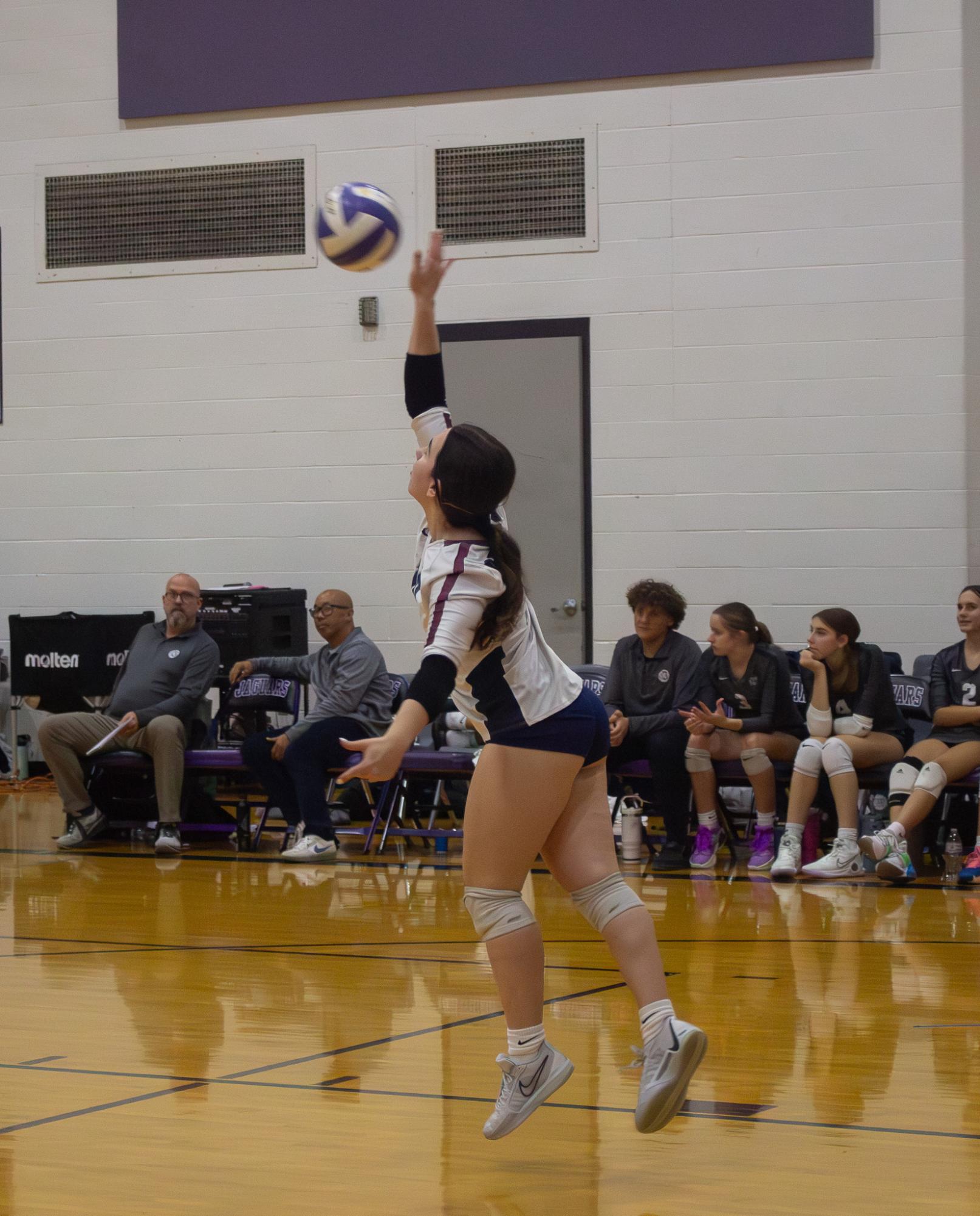 Senior Alexa Sansone serves the ball to the other side of the court.