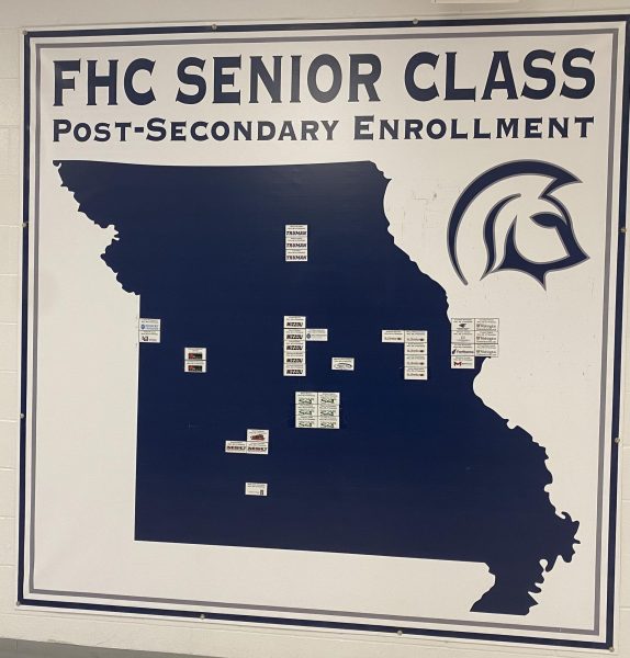 On the wall across from the guidance office there is a poster that show where students are attending college in Missouri. Using the app Scoir, students can notify the school where they are going so their name can be put up. 
