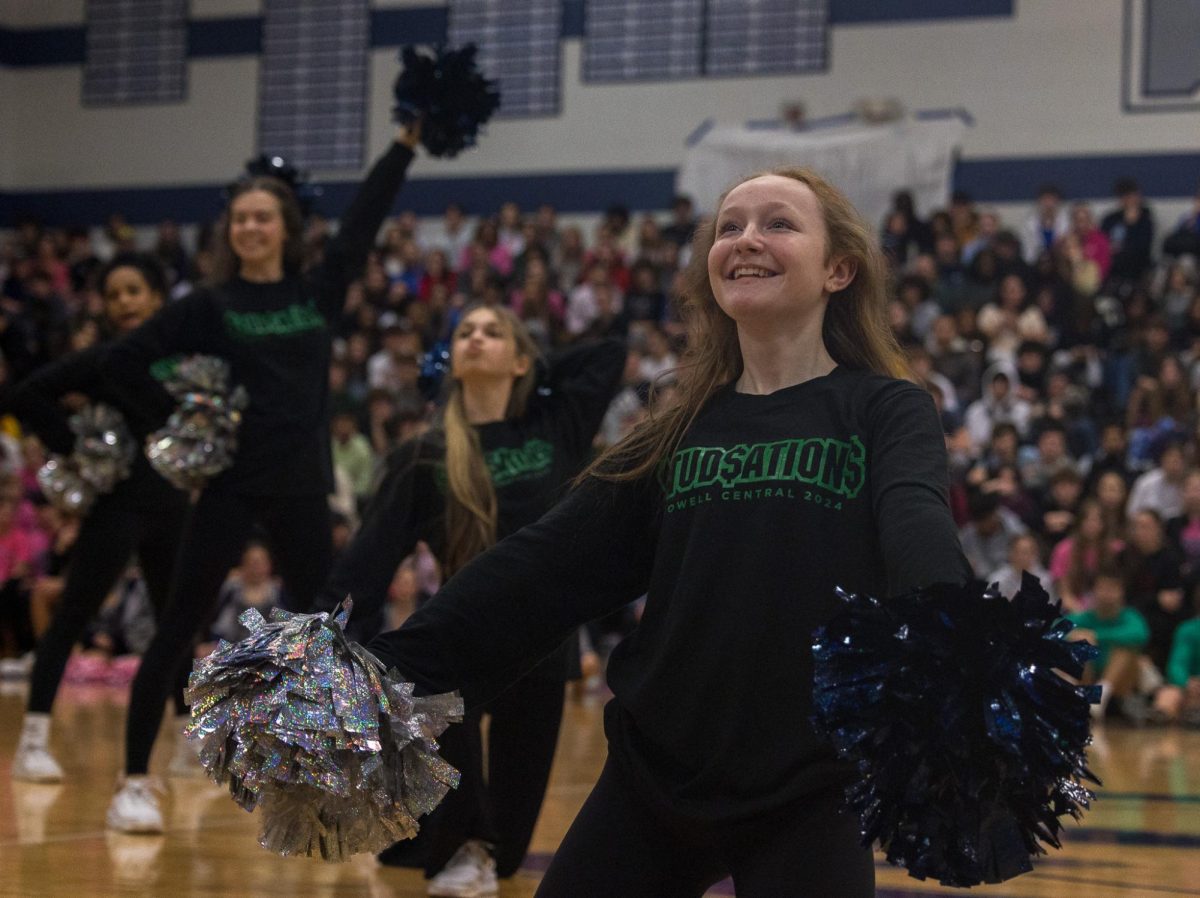Sophomore Kennedy Rogers faces the students as the dance routine comes to a close. 