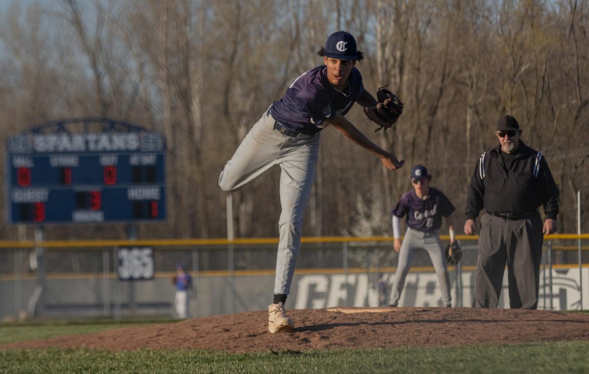 Pitching for the Spartans, junior Ethan LeFlore attempts to strike out his opponents. Hoping to end the inning as fast as possible to give the Spartans another chance at batting. 
