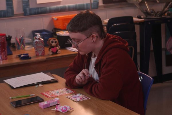 Junior Oli Butler checks the bingo board after President Lani Murray announces the symbols. They then check their card in hopes of a match at the NAHS Valentines day party on Feb. 13.