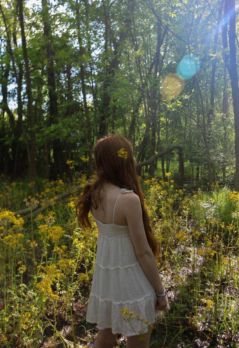 Surrounded by yellow wildflowers in a small field, sophomore Kennedy Rodgers stands amidst the blossoms with the sun peaking through the treetops. With a flower tucked in her hair she looks off into the distance.