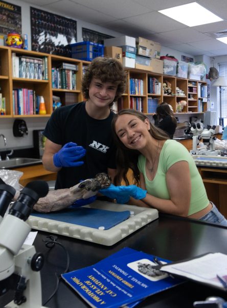 Senior Abby Obrien and sophomore Gage Haile pose right after pulling their cat out for dissection. Obrien was quite excited to begin the dissection.