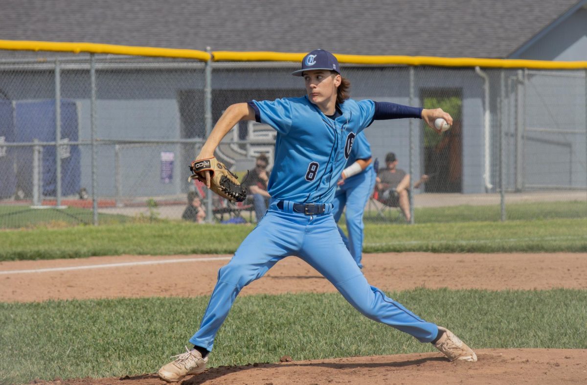 At the Central vs Eureka game Junior Sam Mueller Pitches a ball to a member of the opposing team on May 4. 