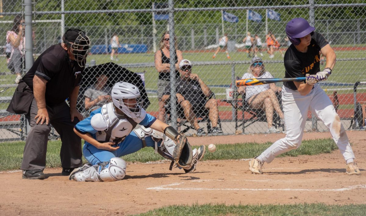 On May 4, senior Gabe Duncan catches a strike thrown by junior pitcher Sam Mueller at the Central vs Eureka game. 