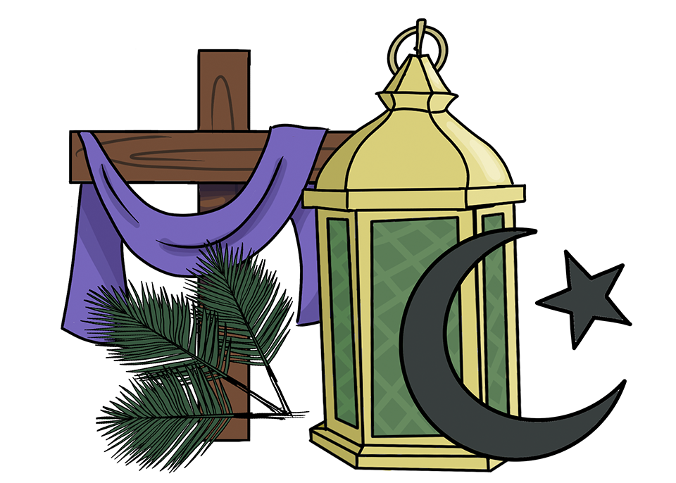 The icons of different religions set up beside each other. Although the religions are different, they have similar traditions. 