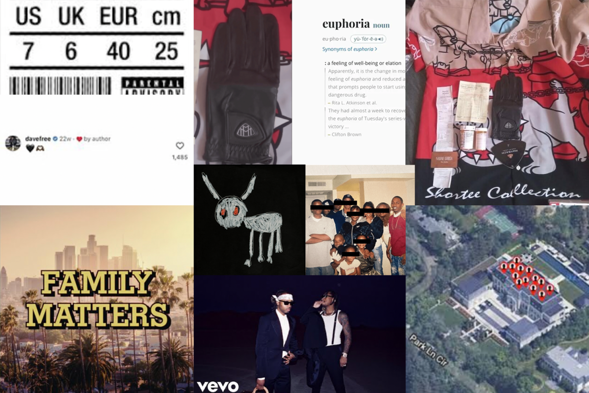 The image of each song made by or with a feature by Kendrick Lamar and Drake(From left to right): Push Ups, by Drake, courtesy of OVO Sound, 6:16 in L.A., by Kendrick, Self Released, Euphoria, by Kendrick, courtesy of Interscope Records, “Meet the Grahams, by Kendrick, courtesy of Interscope Records, The Heart Part 6, by Drake, courtesy of OVO Sound, the album FATD, specifically First Person Shooter, by Drake ft. J. Cole, courtesy of OVO Sound and Republic Records, Family Ties, by Baby Keem and Kendrick, courtesy of Columbia Records and pgLang, Family Matters, by Drake, courtesy of OVO Sound and Republic Records, Like That, Official Music video by Future and Metro Boomin ft. Kendrick Lamar, courtesy of Wilburn Holding Co., Boominati Worldwide, Epic Records, and Republic Records, and Not Like Us, by Kendrick, courtesy of Interscope Records. Collage courtesy of Colin Nichols. 