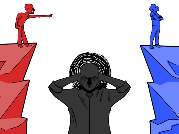 Two partisan extremes arguing over an issue and not compromising or reaching any common ground. This disagreement creates a deep chasm between too unwavering cliffs with different opinions, and makes those willing to compromise crazy as the polarization of extreme ideals leads to deep division between the two groups. Illustration by Birdie Brereton