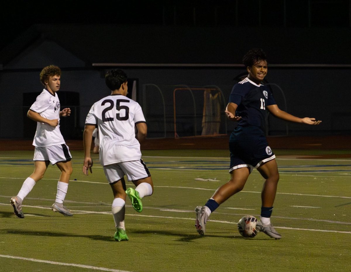 At the game against Francis Howell North, junior Sean Castaneda shows his confusion when the referee blows his whistle. At this Sept. 10 game, the call to stop the game for a rule violation frustrated Castaneda. 
