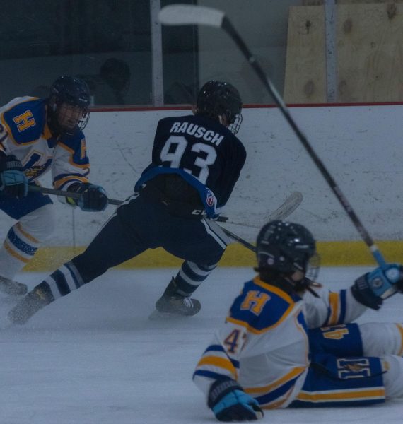 Starting forward, sophomore Ethan Rausch swipes the puck away while kicking up ice to keep it for the Spartan offense. Rausch skates back down to pass the puck back.
