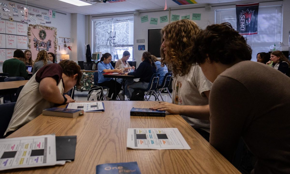 A group of students reading One Flew Over the Cuckoo's Nest get out their discussion questions and book to discuss. The papers out on the table showed the rating sheet of how well each student participated.