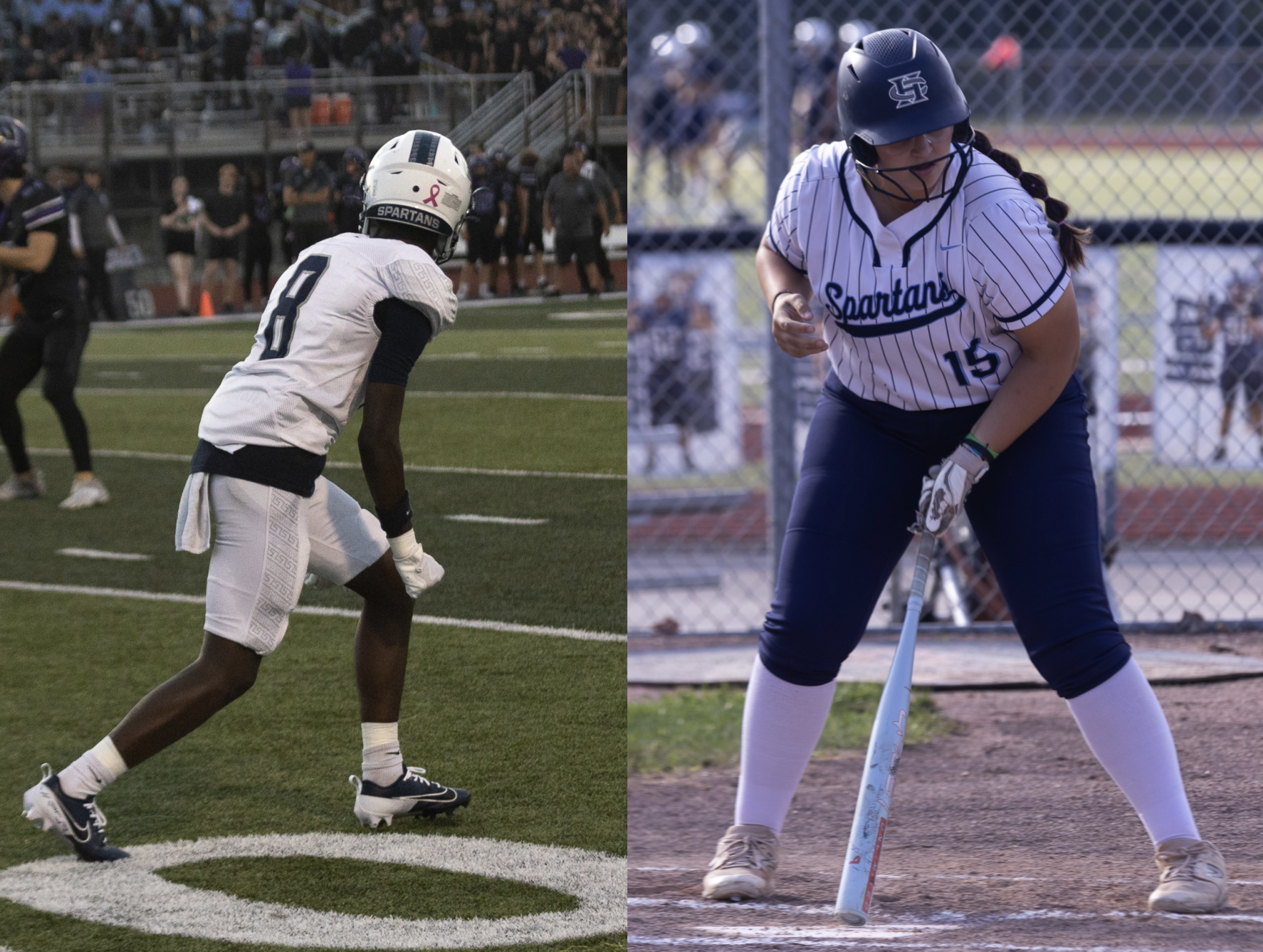 Left: Clenching his fists, junior Don Thornton waits for the play to begin.(Amelia Raziq) 
Right: Junior Amelia Raziq taps the base to help herself focus for the pitch. (Addison Yeaton)