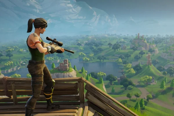 Fortnite Chapter 1 default skin holding a bolt-action sniper rifle, in its original ascetic design, watching over the original Fortnite season map. Chapter 1 Reboot OG Fortnite will be coming back for the second time since 2023 on Dec 6. Courtesy of Epic Games