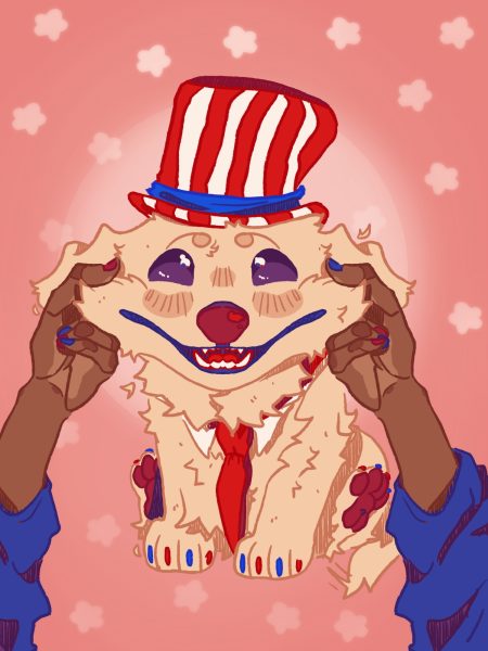 A cute dog smiles while being pet. The dog is wearing a hat modeled after Uncle Sam's hat, a way of showing this dog is a politician.