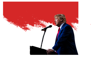 A picture of Trump speaking on a podium with a red background slashed across it. Red represents the Republican party. Picture by Birdie Brereton