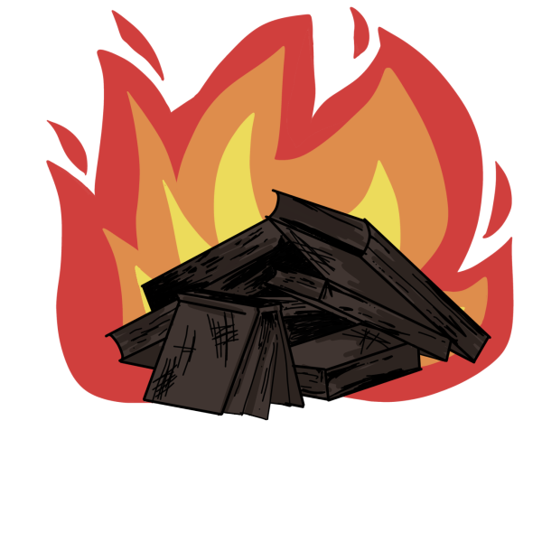 Piled up books are burning after people are unhappy with what they contain. This was a real practice people used to do to censor things they found as different from their beliefs. 