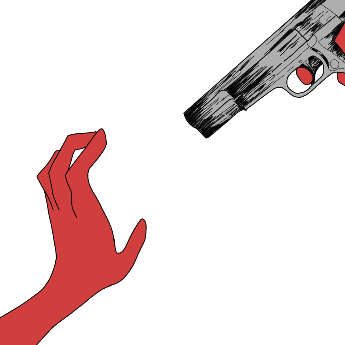 A firearm aims its sights down onto a disembodied hand. Encounters like this are what potentially happen when schools face the danger of shootings. Illustration by Birdie Brereton.