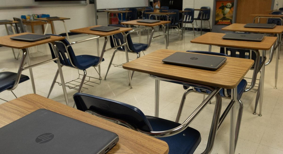 Preparing for an electronic timed-write essay, Chromebooks line the desks in Ms. Laurie Fay's room. This school year, the majority of AP test are online and teachers have adjusted by switching from paper exam practice to digital practice.