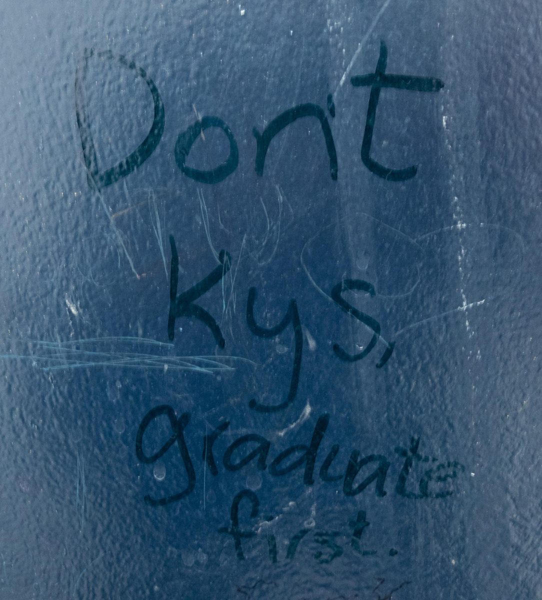 Graffiti on the girls bathroom stall reading, "Don't kys, graduate first," (Don't kill yourself, graduate first). 