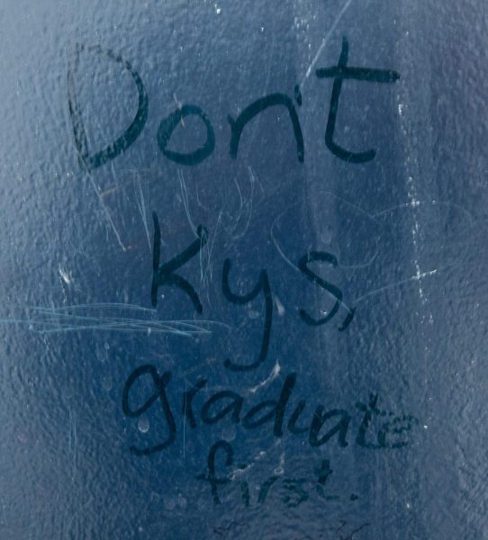 Graffiti on the girls bathroom stall reading, "Don't kys, graduate first," (Don't kill yourself, graduate first). 