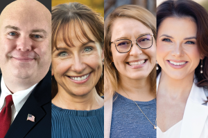 A picture of the four Board of Education candidates running for the April 8 election. (From Left to Right) Board Vice President Randy Cook, Candidate Amy Gryder, Candidate Sarah Oelke, and Candidate Ashley Sturm all will be attending the Candidate forum on March 18 to be asked questions by the district community. Photo collage by Colin Nichols