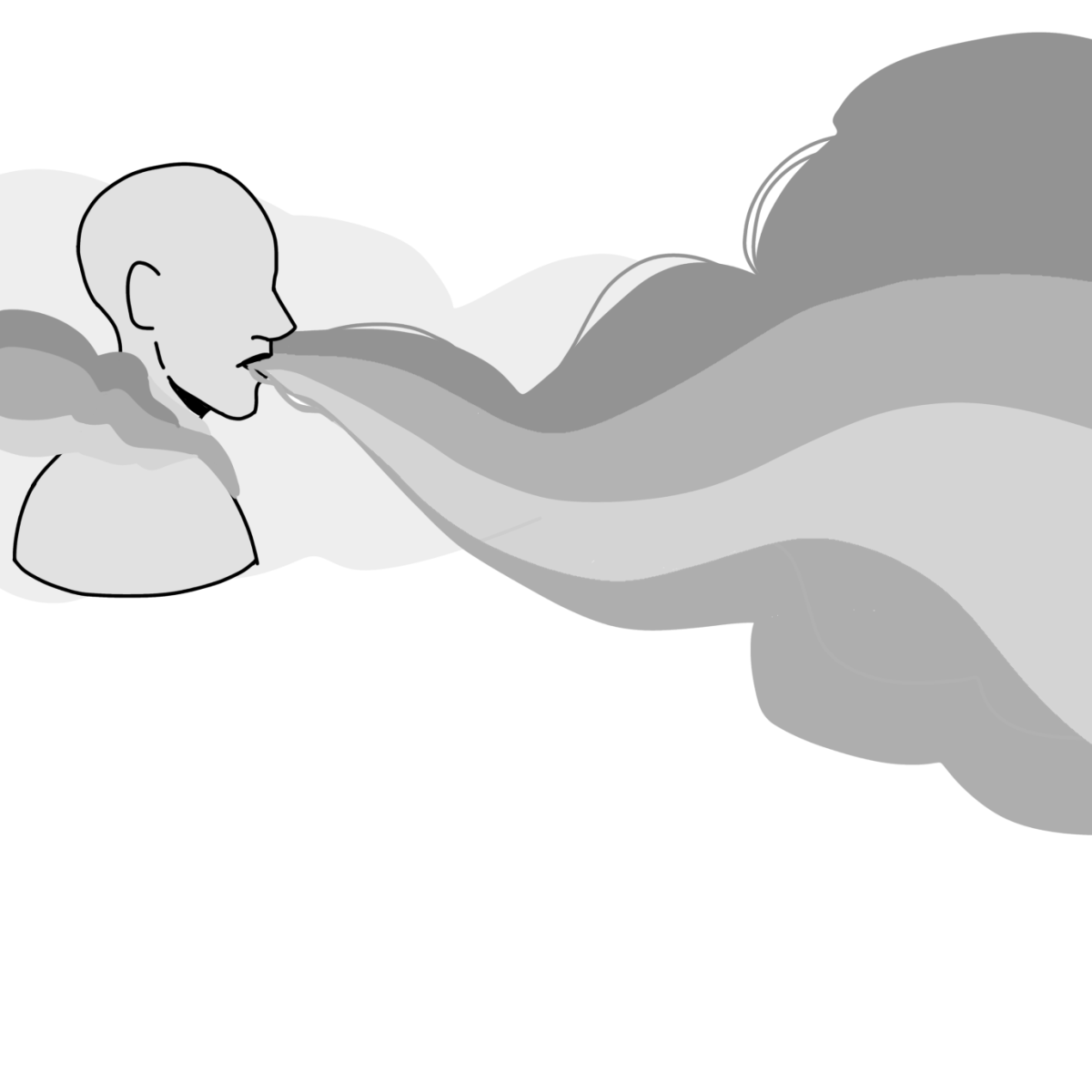 A faceless figure exhales, releasing smoke from their mouth. Substance abuse is a prevalent problem among teenagers. Graphic by Birdie Brereton