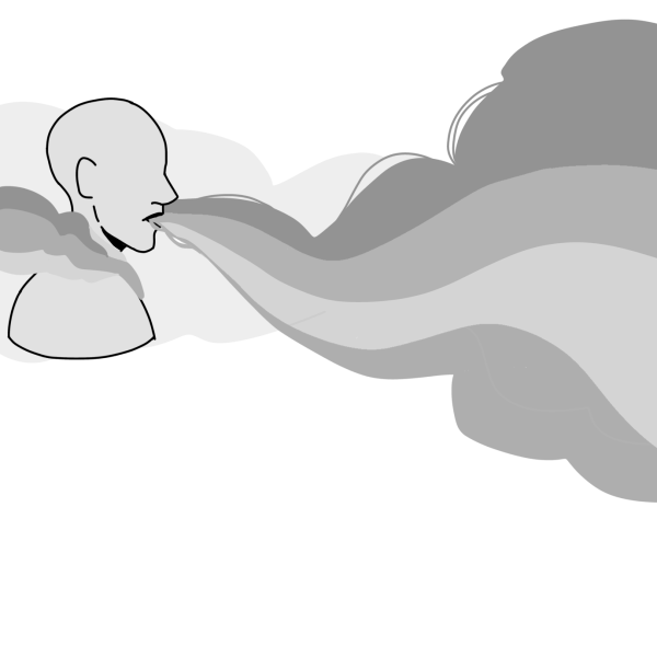 A faceless figure exhales, releasing smoke from their mouth. Substance abuse is a prevalent problem among teenagers. Graphic by Birdie Brereton