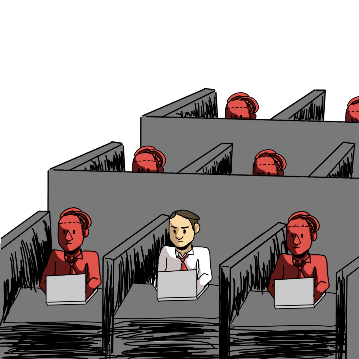 A man sits working at his desk while his co-workers are slowly being phased out by robots. This represents the fear of human replacement in the workspace.