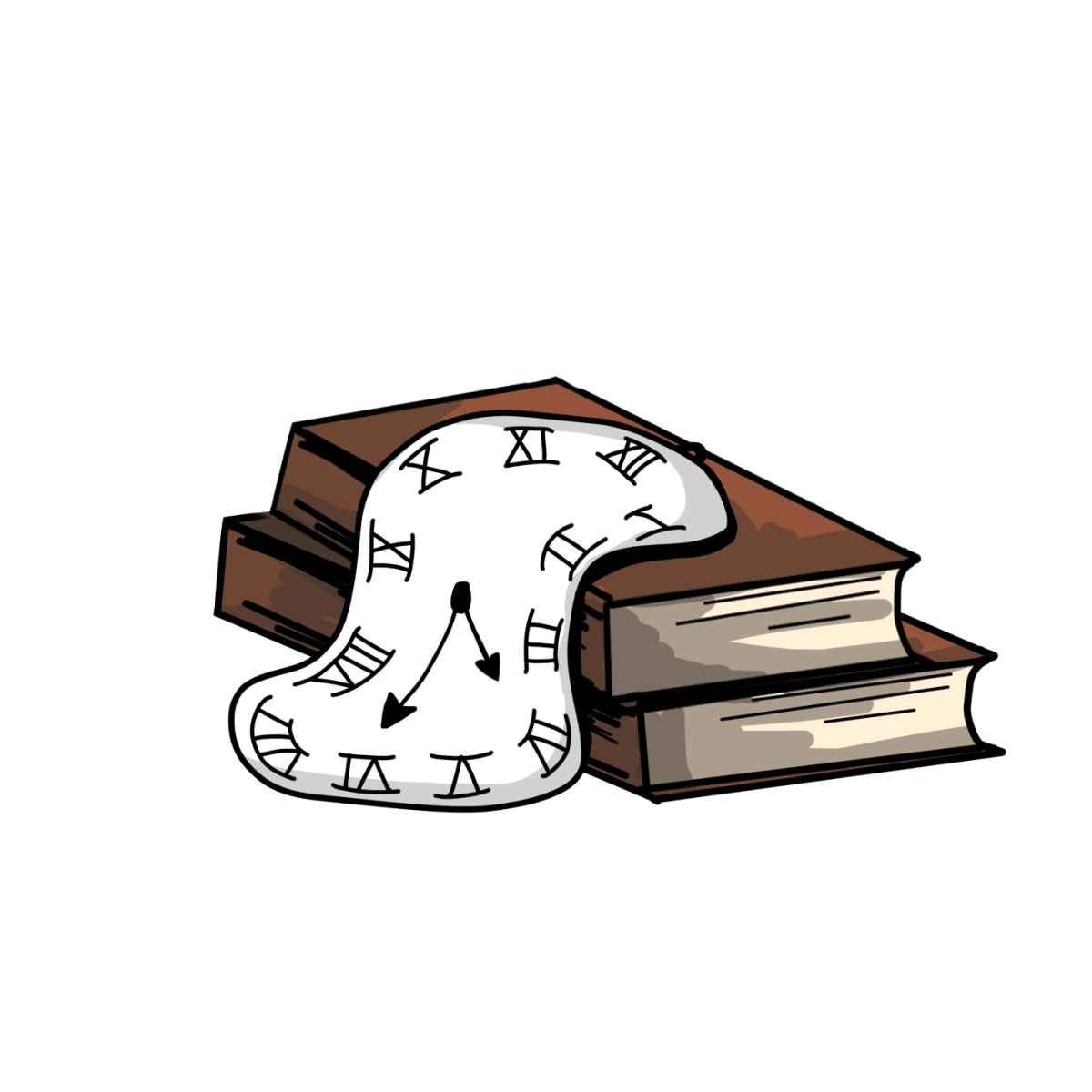 A clock in the style of Salvador Dali drapes over a pile of books. This is symbolic of time slipping away as students are focused on work. Illustration by Birdie Brereton.
