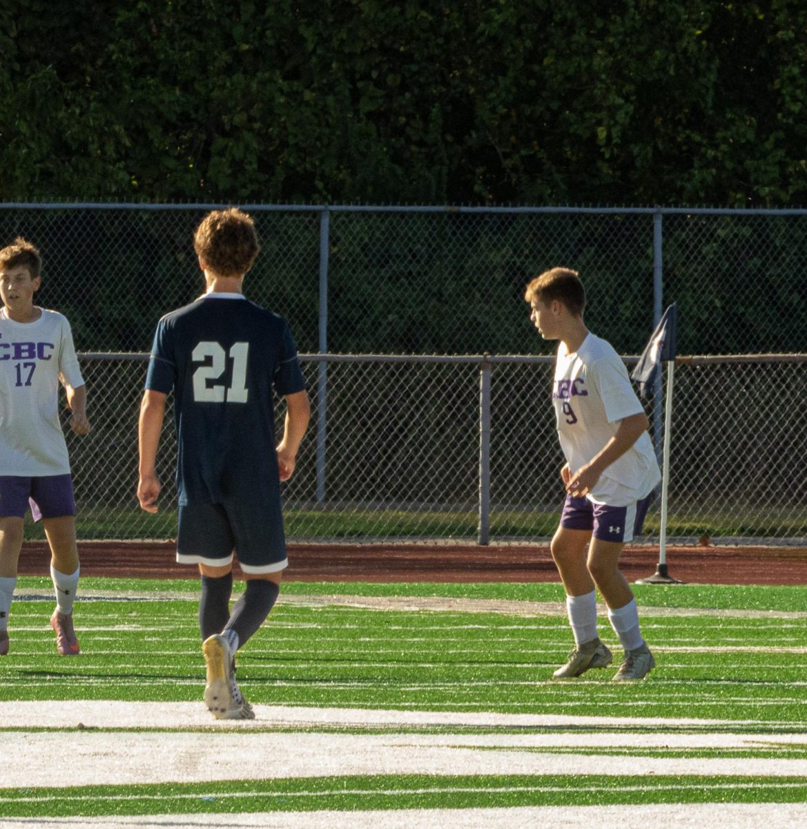 Defensive midfielder Collin Goughenor holds his ground. He read the play and prepared to shut it down and attack.