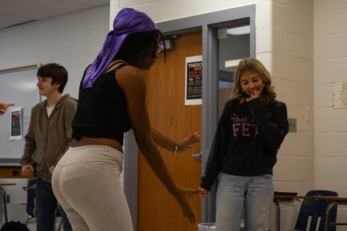 Sydney Limpert and Katelyn Hewing practice in the first improv meet on November 10th. Many of these students will be going to Thescon to continue to hone their skills.
