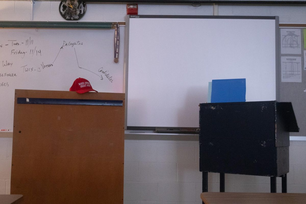 The MAGA hat and the blue sit on opposite sides of the room. This goes to symbolize the ideological divide between the left and the right.