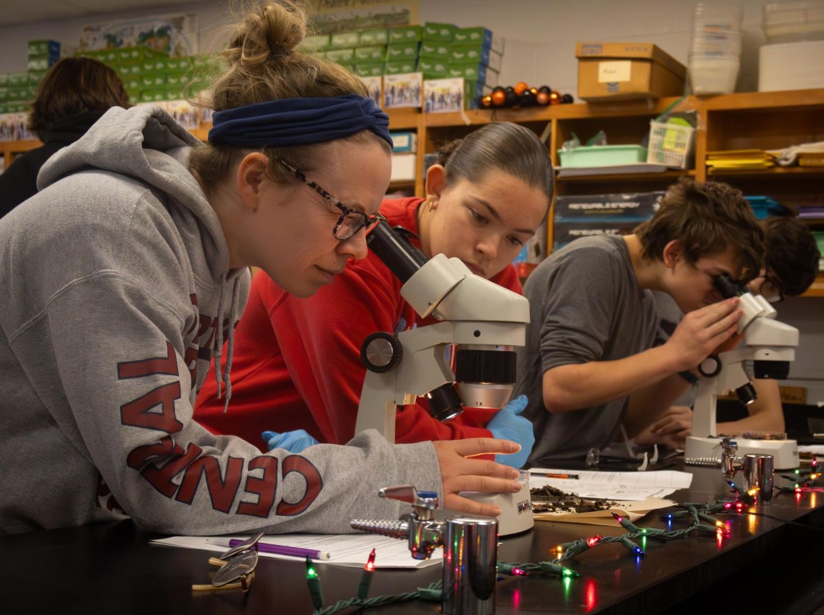 Sydney Muresan signals over to Mrs. Staback to look at the item she found on Nov. 19 during the compost lab. Muresan and Mrs. Staback discussed what it could be and discovered it was a worm cocoon.