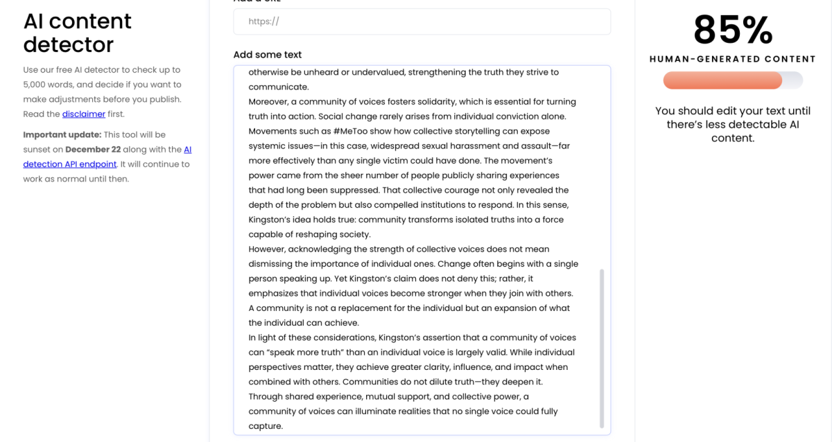 Writers.com's AI detector analysis of an essay written by ChatGPT. 85% of the essay was determined to be non-human.