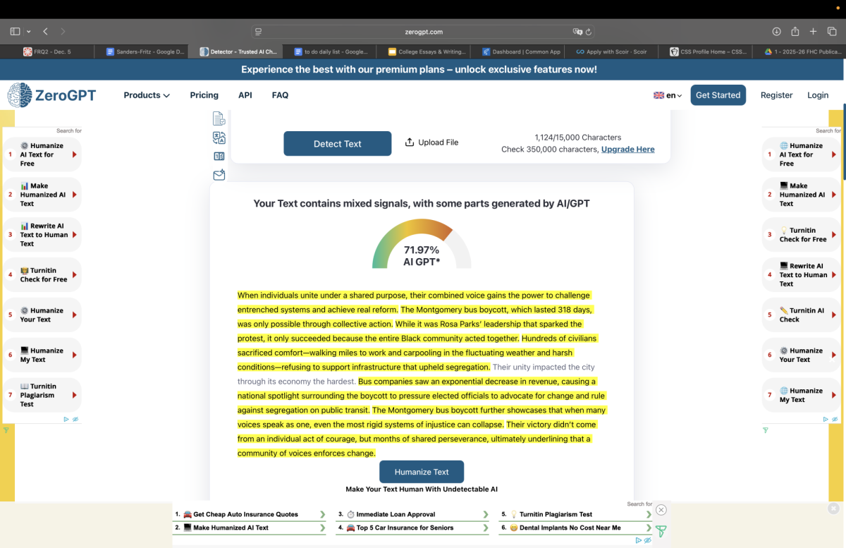 ZeroGPT's analysis of a human-written essay. No AI was used in this, yet AI detectors believe that nearly 72% of the writing is AI.