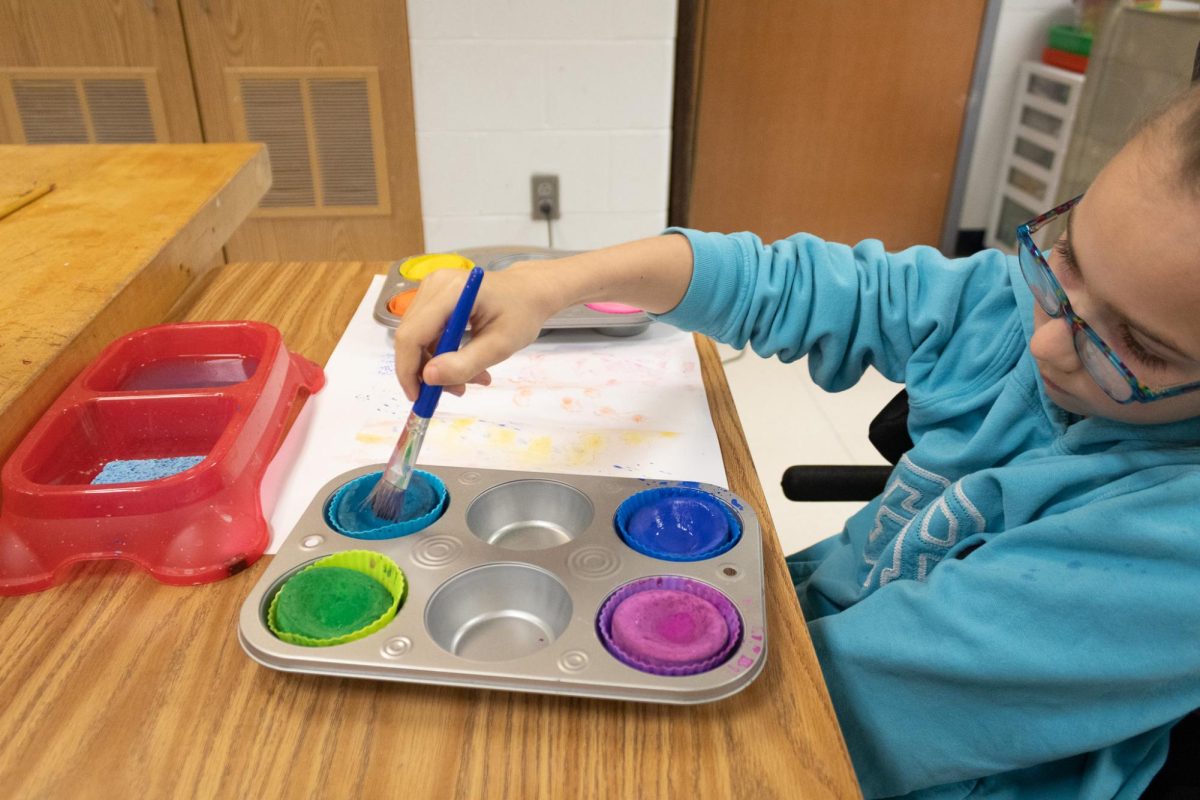 Student takes a paint of blue from pallet, wondering if the paint should be applied as a beautiful sky or not. 