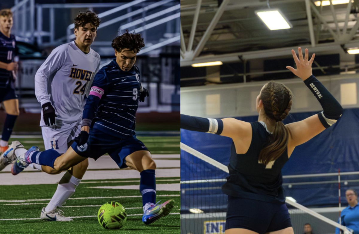 Left: Senior Dominic Gianino is kicking the ball down the field to his teammates on Nov. 10. Gianino is a Midfielder and Defender and is vital to the Spartans' defence (Aaron Alavi). Right: In high spirit, junior hitter Ava Schuette, during the second set, springs up to hit the ball at the volleyball game against Francis Howell on Sep. 23. Schuette and her team were determined to secure a victory (Olivia Unash). 