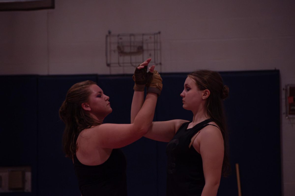 Junior Amelia Heidt locks arms with her partner senior Katherine Albertson in an emotional part of their show preview on Jan. 22. Emotion is a pivotal part of color guard, allowing expression and grace.
