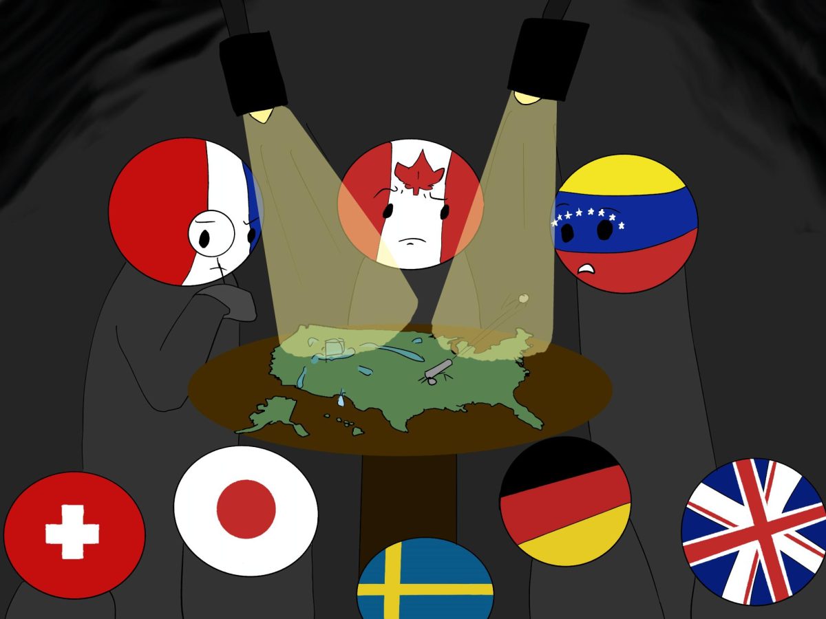 A personification of countries look over an outline of the United States. The depiction of this attention symbolizes the global watch on the U.S's actions and the spotlight on the country.
