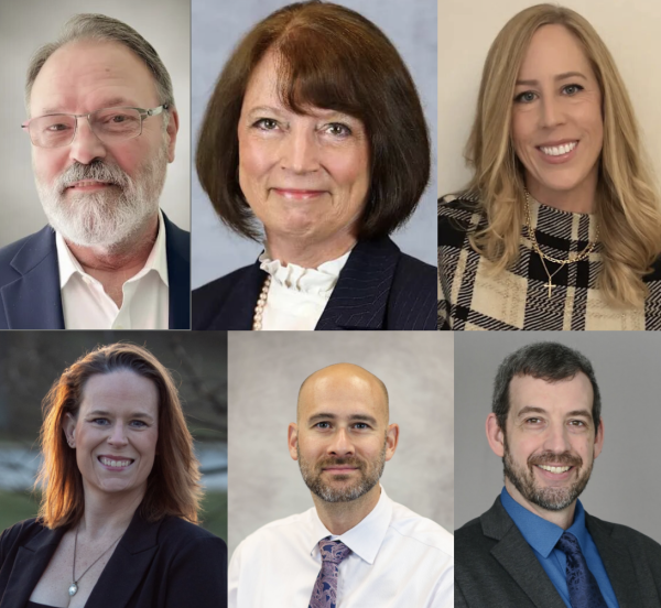 A picture of the six Board of Education candidates running for the April 7 election. (From Left to Right) Top Row: Candidate David Jaworski, Board member Jane Puszkar, Candidate Lauren Greenwood. Bottom Row: Candidate Sara Dillard, Candidate Jason Adams, Candidate Kevin McGuire. Dillard, Adams, and McGuire all will be attending the Candidate forum on March 31 to be asked questions by the district community. 