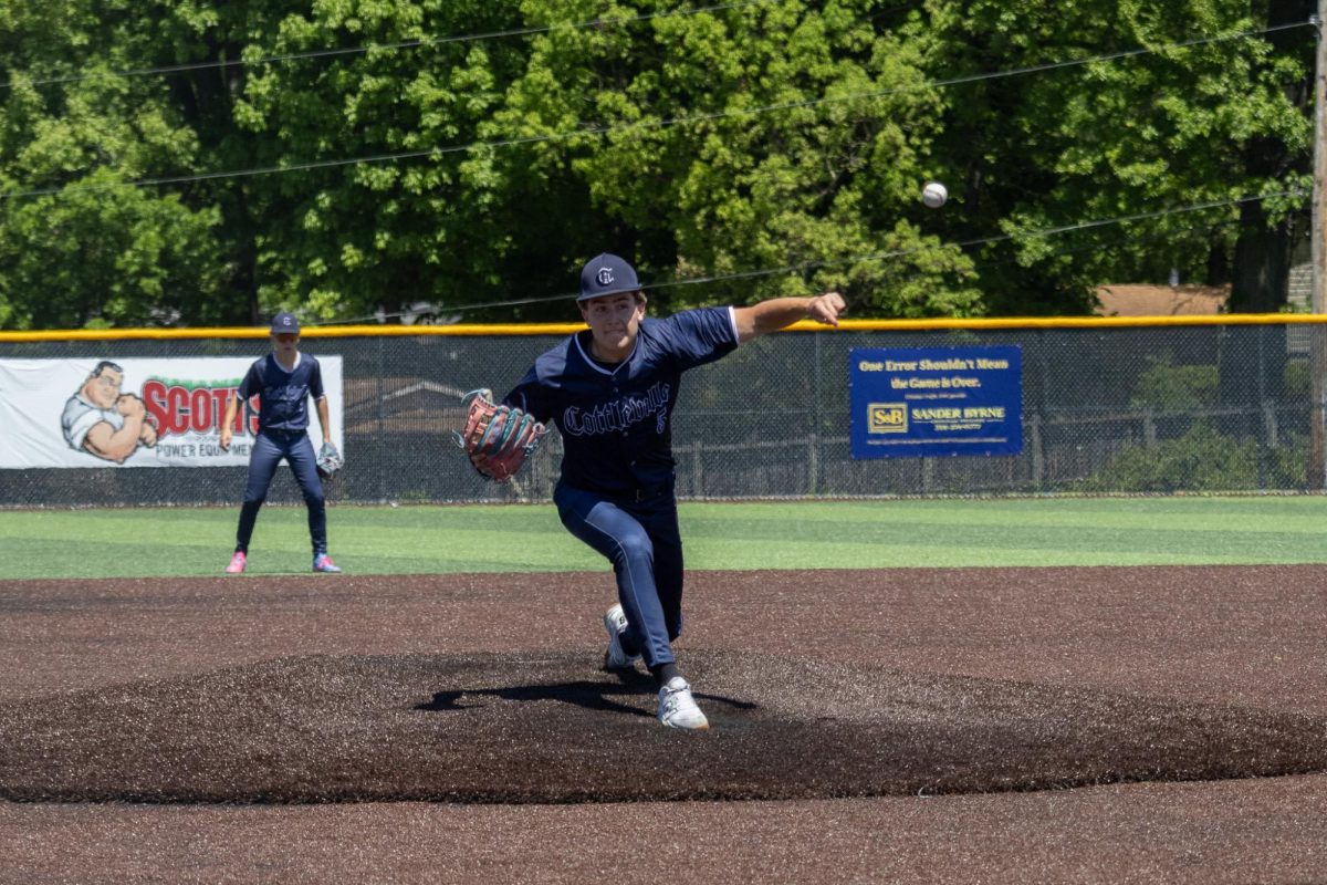 Junior Lucas Williams follows through with his arm while pitching on April 25. Williams started the game and pitched throughout all seven innings, allowing the team to score only one run. 