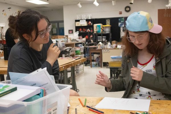 Having a game plan and laying out their coloring and drawing on their page in Michelle Ridlen’s room on May 18 during both of their first hours, Senior Elaine Niere and mentee Sophomore Josephine Flick discuss what they want to work on. They discussed their plans during their free day in art class.

