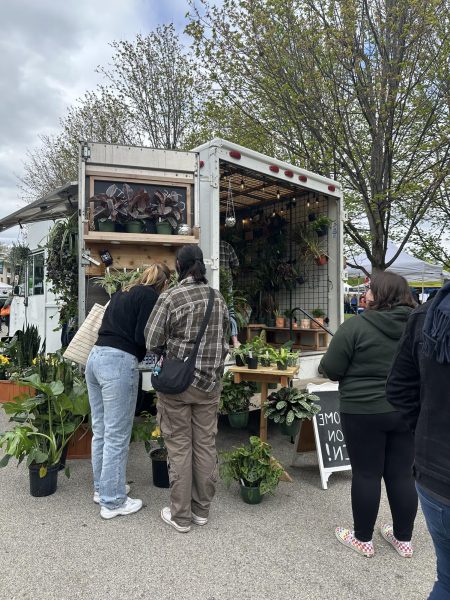 Two St. Louisans inspect a plant, contemplating which to buy from a portable garden market. 