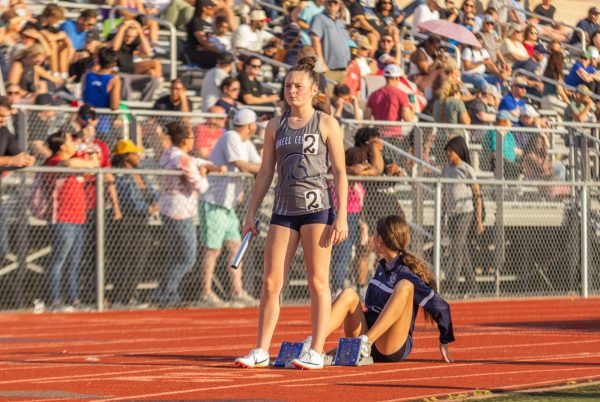Sophomore Callie Abrams Steadies her breath before her 100m at Timberland on April 9. Abrams had already set her blocks and was waiting for the starting gun.