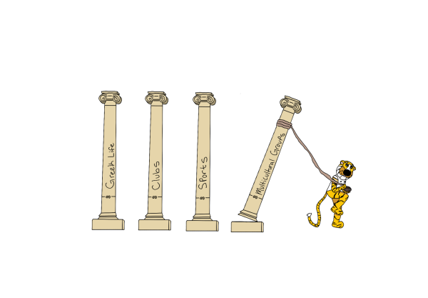 Truman the Tiger, the mascot of Mizzou, pulls down one of the famous pillars with a rope. This pillar symbolizes the funding cuts to multicultural groups.